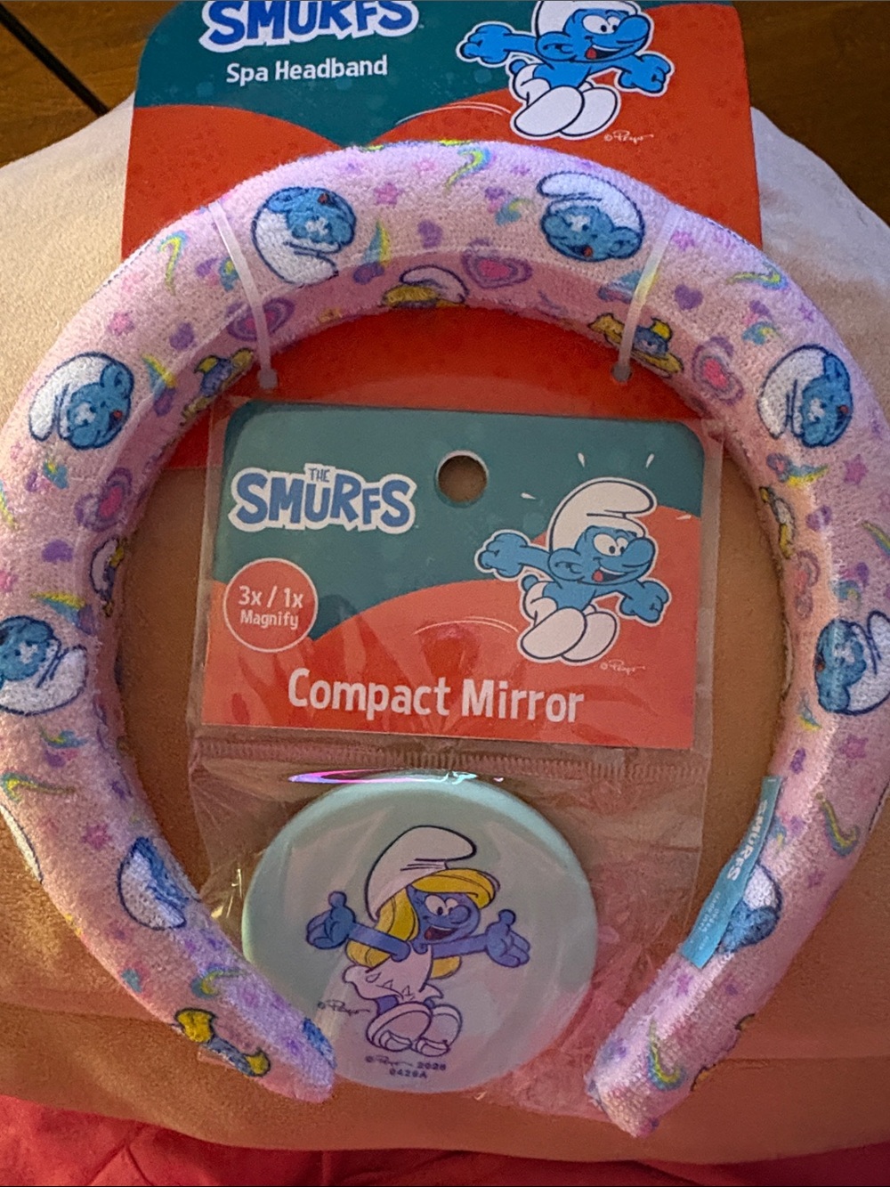 The Smurfs pink  Spa/makeup Headband w blue mini Smurfette pocket mirror